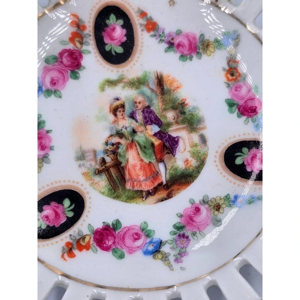 Vintage Bavaria‎ Reticulated Porcelain Dish Bowl Couple Pink Floral 3 7/8